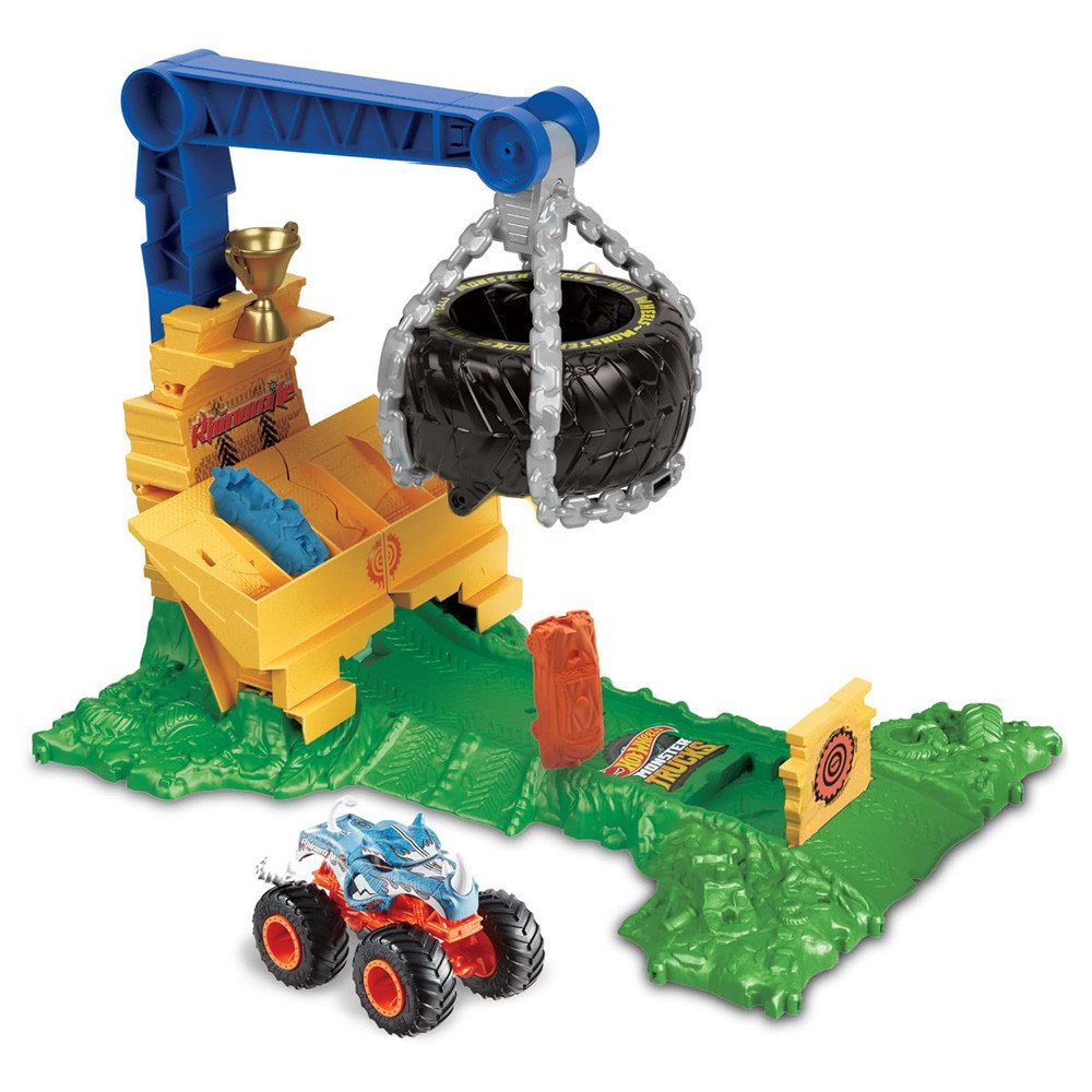 Découvrez le coffret Hot Wheels Arena Smashers Défi Chargement Rhinomite HTP18 : Monster Truck 1:64, obstacles, trophée et casca