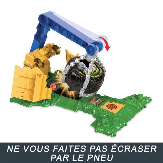 Découvrez le coffret Hot Wheels Arena Smashers Défi Chargement Rhinomite HTP18 : Monster Truck 1:64, obstacles, trophée et casca