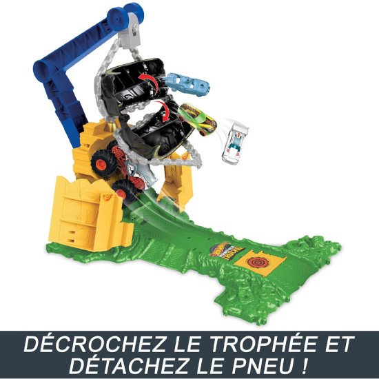 Découvrez le coffret Hot Wheels Arena Smashers Défi Chargement Rhinomite HTP18 : Monster Truck 1:64, obstacles, trophée et casca