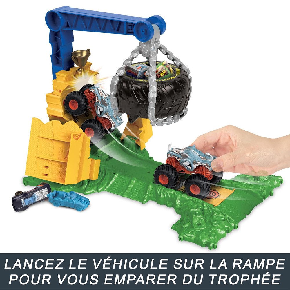 Découvrez le coffret Hot Wheels Arena Smashers Défi Chargement Rhinomite HTP18 : Monster Truck 1:64, obstacles, trophée et casca