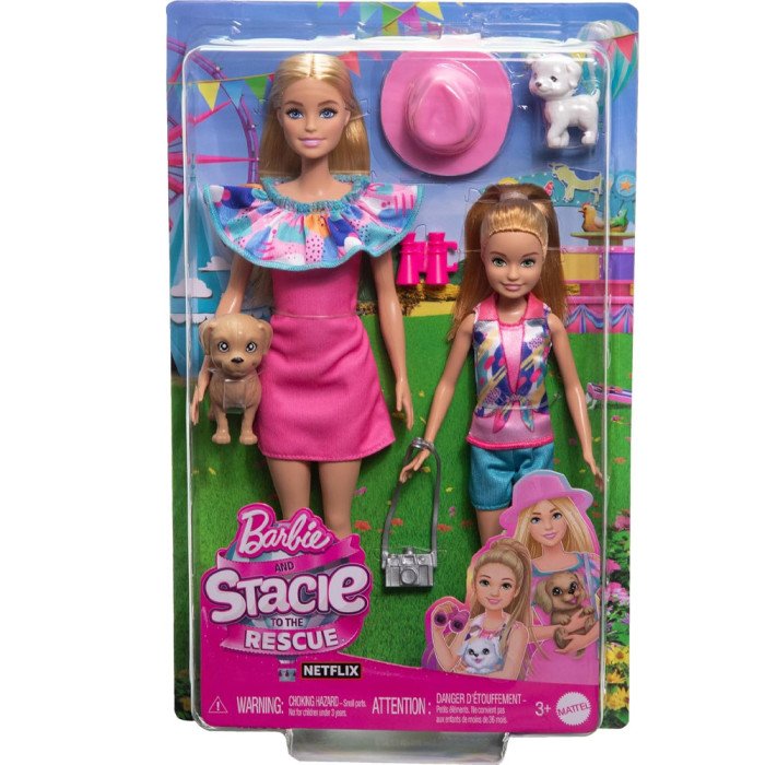 Barbie Coffret Poupées Stacie et Barbie avec 2 Chiots & Accessoires - Mattel (HRM09)