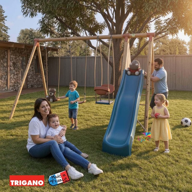 Portique en bois AMILY - ALEO BY TRIGANO - 3 agrès avec toboggan -