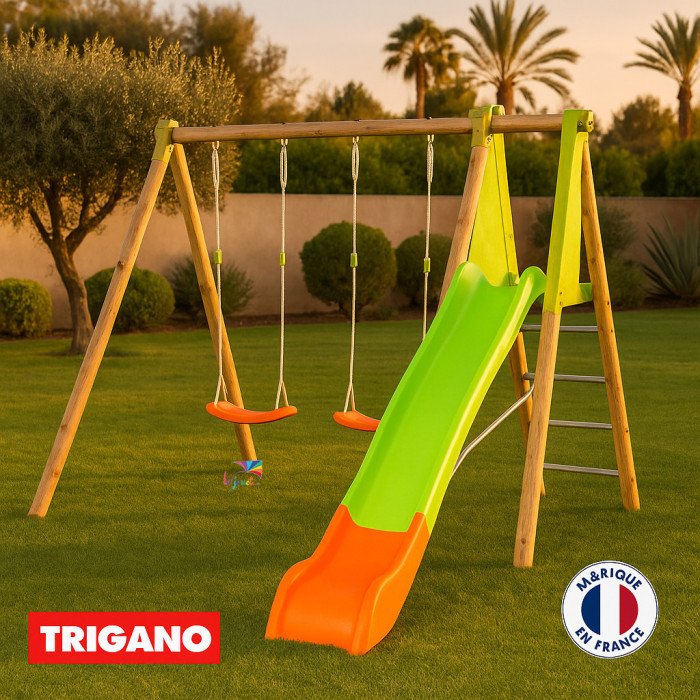 Portique bois et métal - 2,30m - ARROBA TRIGANO - 2 balançoires et 1 toboggan 2,63m –