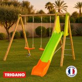 Portique bois et métal - 2,30m - ARROBA TRIGANO - 2 balançoires et 1 toboggan 2,63m –