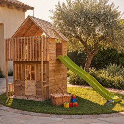 Maisonnette cabane en bois FSC® avec toboggan vert pomme LOFT TP Toys