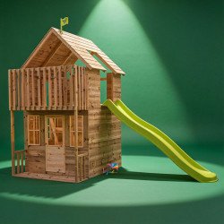 Maisonnette cabane en bois FSC® avec toboggan vert pomme LOFT TP Toys