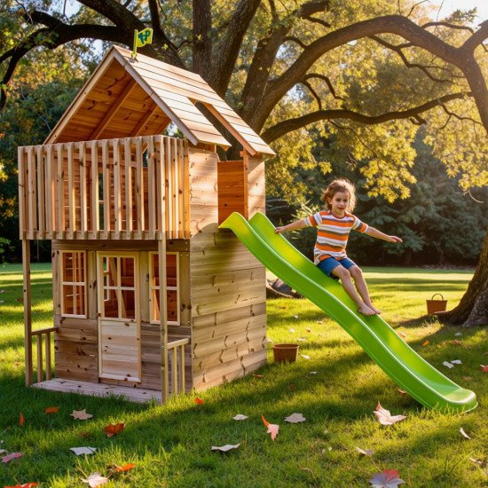 Maisonnette cabane en bois FSC® avec toboggan vert pomme LOFT TP Toys