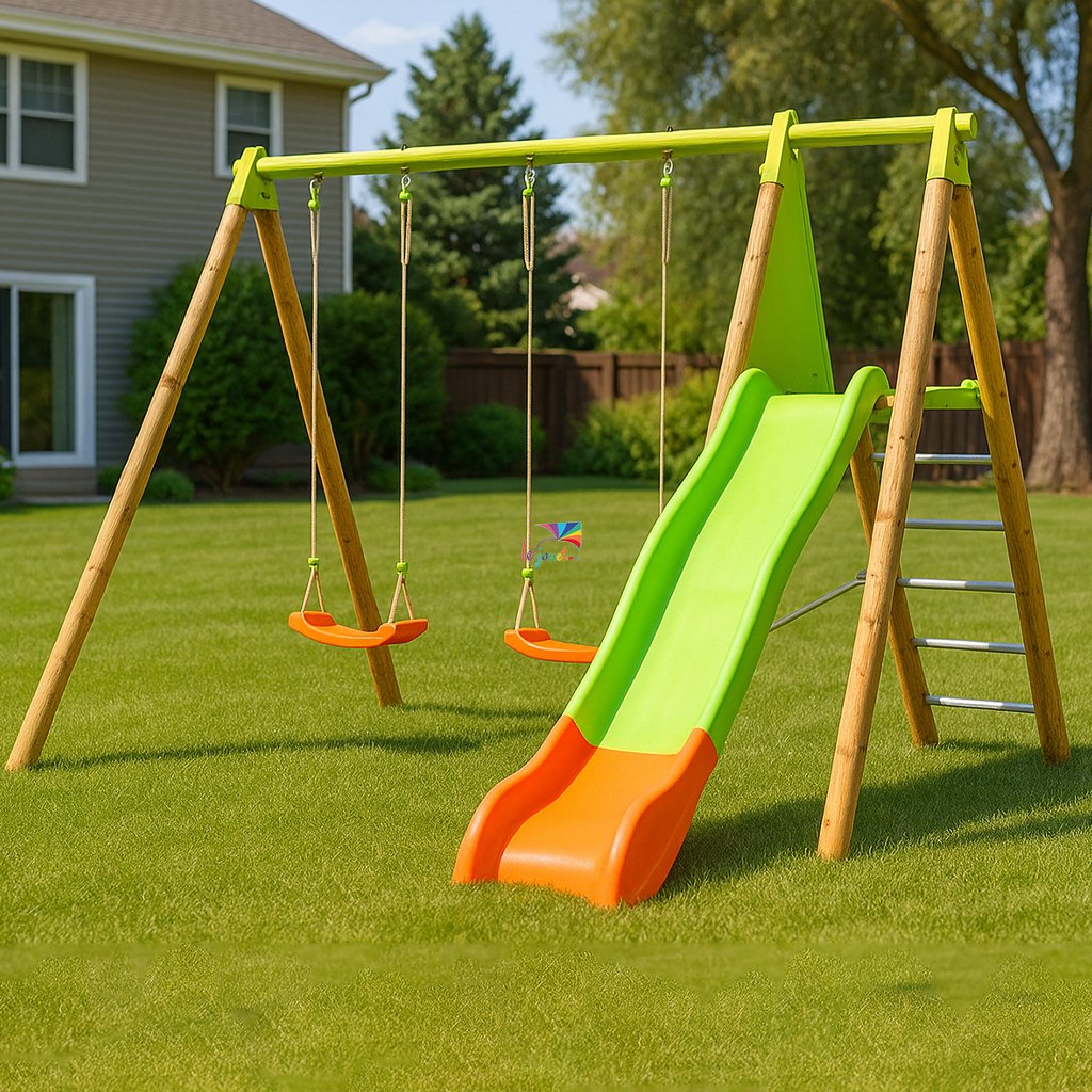 Portique bois et métal - 2,30m - ARROBA TRIGANO - 2 balançoires et 1 toboggan 2,63m - 7 Portique bois et métal - 2,30m - ARROBA TRIGANO - 2 balançoires et 1 toboggan 2,63m - – Image 7