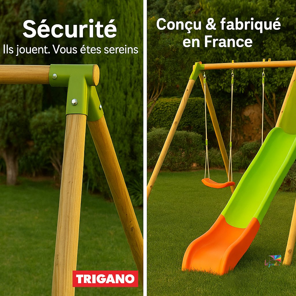 Portique bois et métal - 2,30m - ARROBA TRIGANO - 2 balançoires et 1 toboggan 2,63m - 9 Portique bois et métal - 2,30m - ARROBA TRIGANO - 2 balançoires et 1 toboggan 2,63m - – Image 9