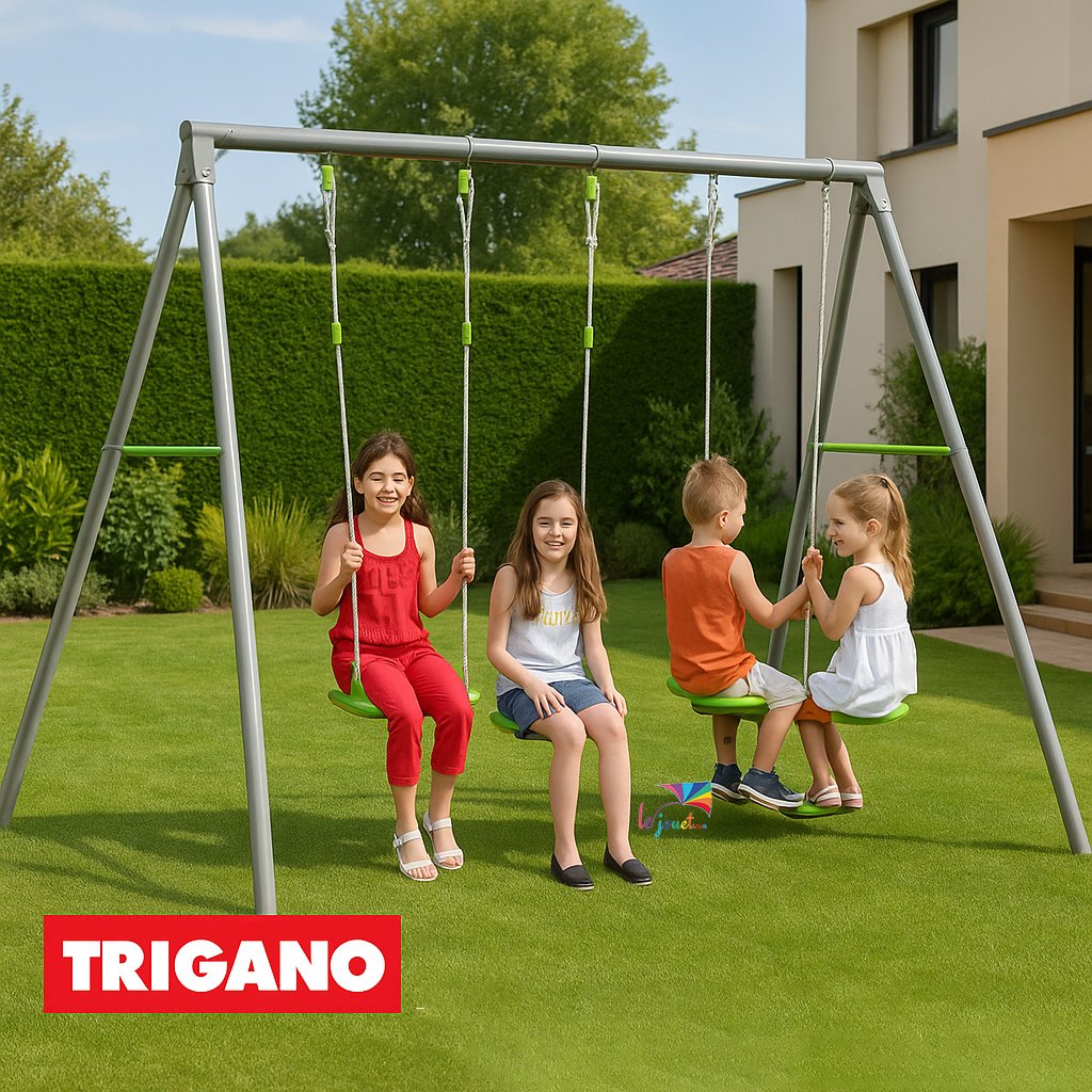 Portique en métal axion louise -Trigano jardin avec 2 balançoires + 1 siège face à face 1 Portique en métal axion louise -Trigano jardin avec 2 balançoires + 1 siège face à face