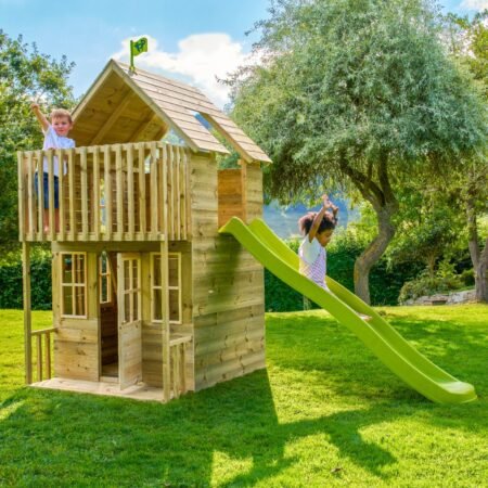 Maisonnette cabane en bois FSC® avec toboggan vert pomme LOFT TP Toys