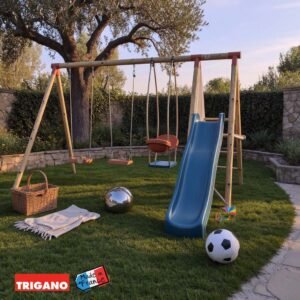Portique en bois AMILY - ALEO BY TRIGANO - 3 agrès avec toboggan -